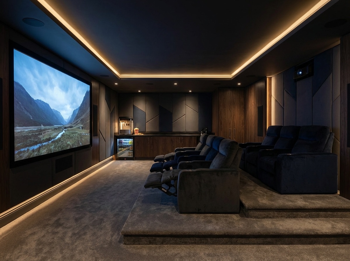 Basement home cinema room with tiered seating and acoustic panels
