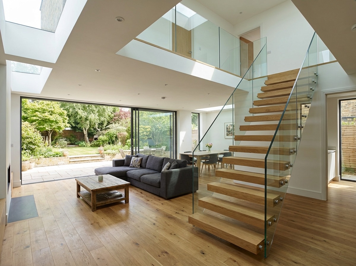Interior of double storey extension showing open staircase and living space