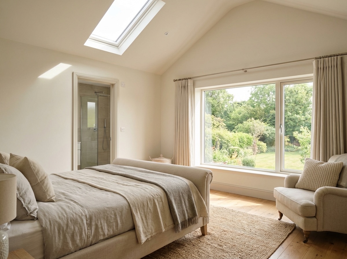 Upper floor bedroom in a double storey extension with garden views