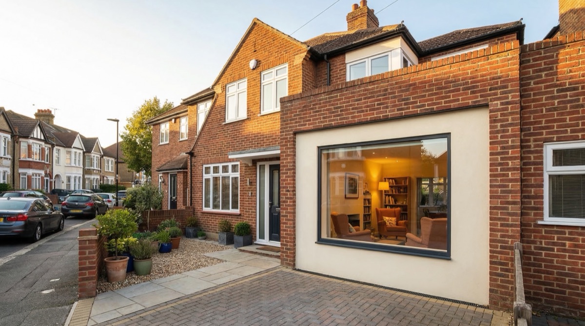 Completed garage conversion with picture window on semi-detached house