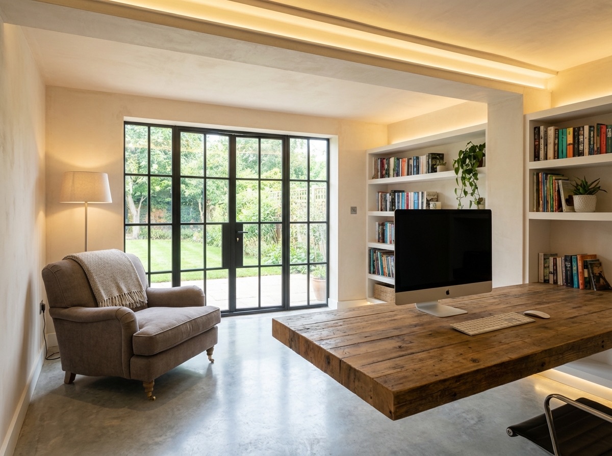 Bright home office inside a converted garage with large window