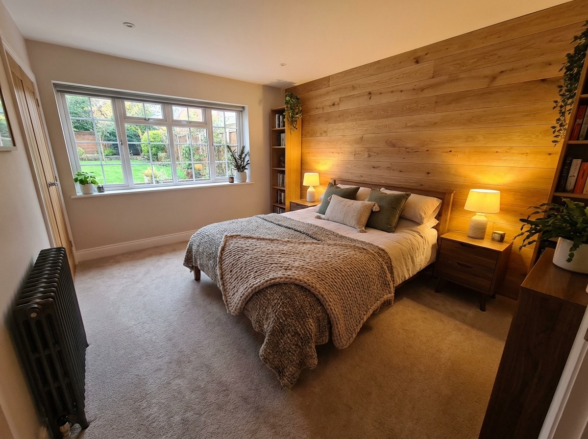 Cosy guest bedroom inside a converted garage with modern finishes