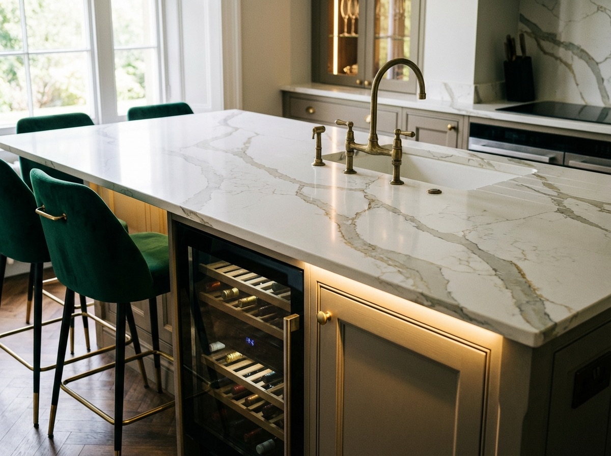 Luxury kitchen island detail with quartz countertop and designer fixtures