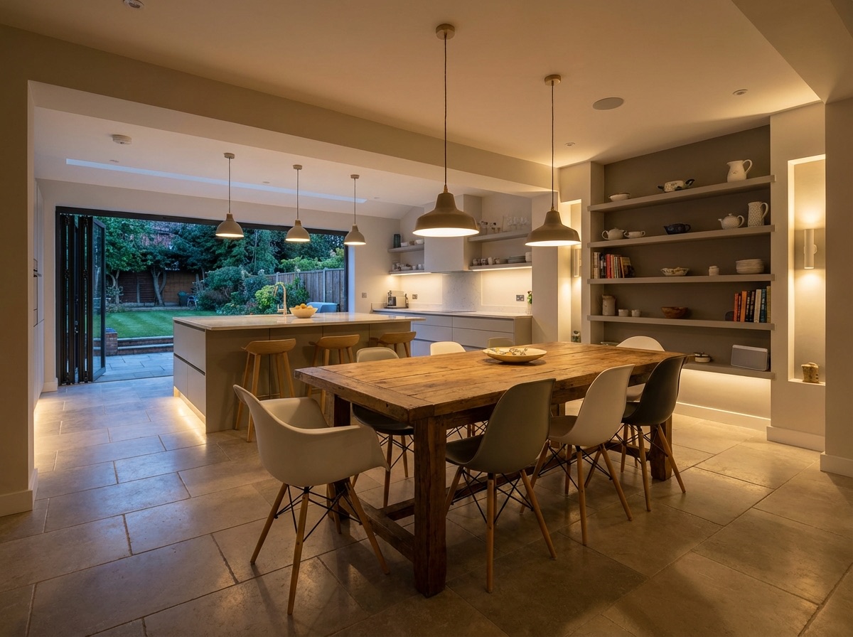 Open-plan kitchen diner extension with dining area and garden views
