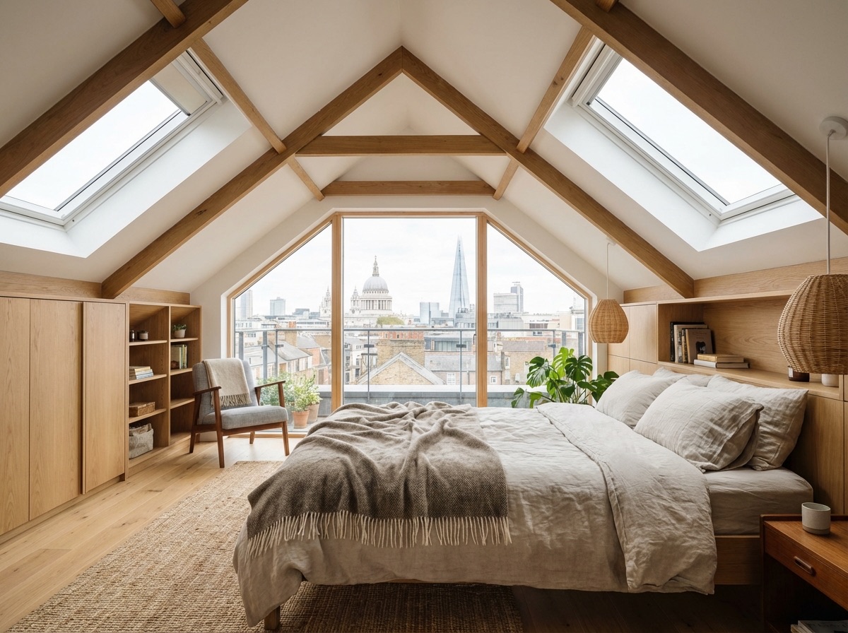 Bright loft conversion bedroom with dormer window and London rooftop views