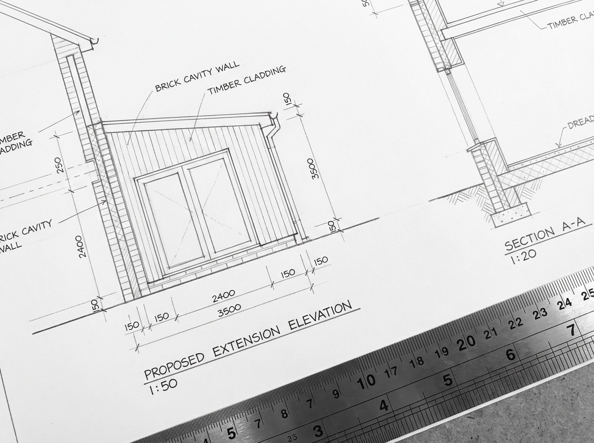 Detailed architectural elevation drawings of a house extension