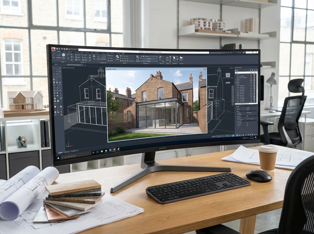 3D architectural rendering of house extension design on computer screen