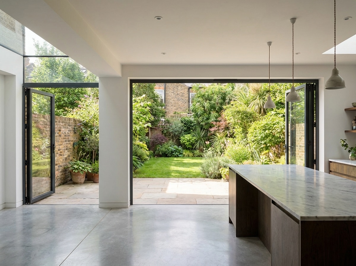Inside a rear extension looking out through open bi-fold doors to garden