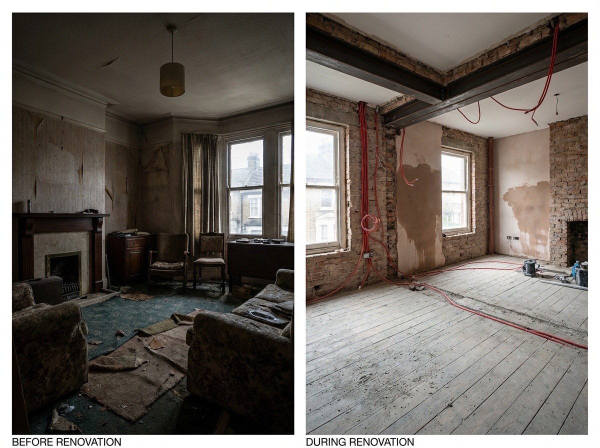 House renovation in progress showing stripped walls and steel beam installation
