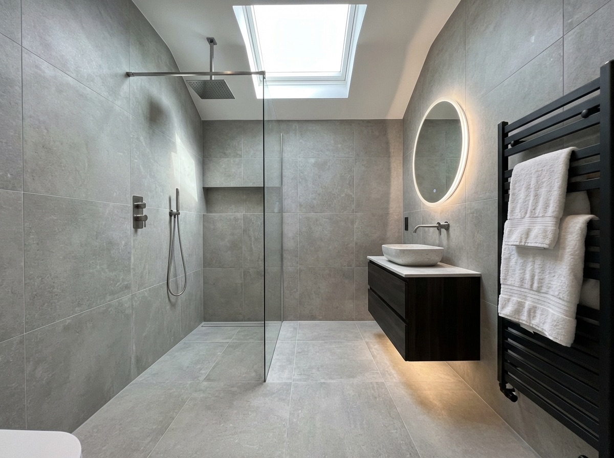 Completed refurbishment bathroom with walk-in shower and modern finishes