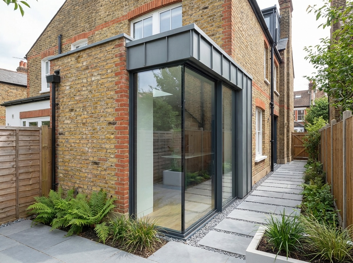Exterior view of a side return extension with glass and aluminium framing