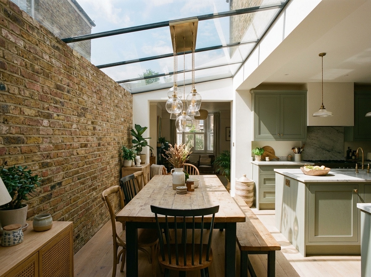 Dining area inside a side return extension with glass roof and exposed brick