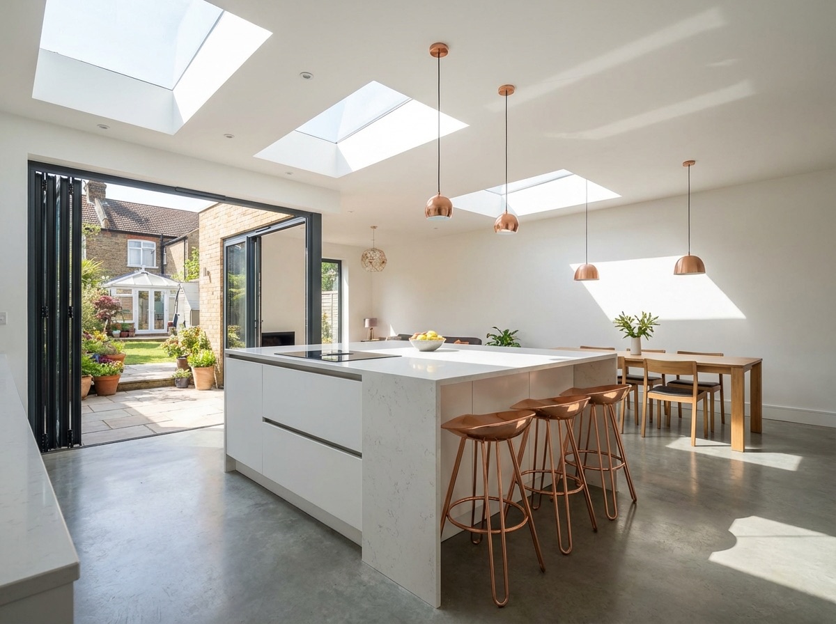 Bright interior of a single storey kitchen extension with skylight