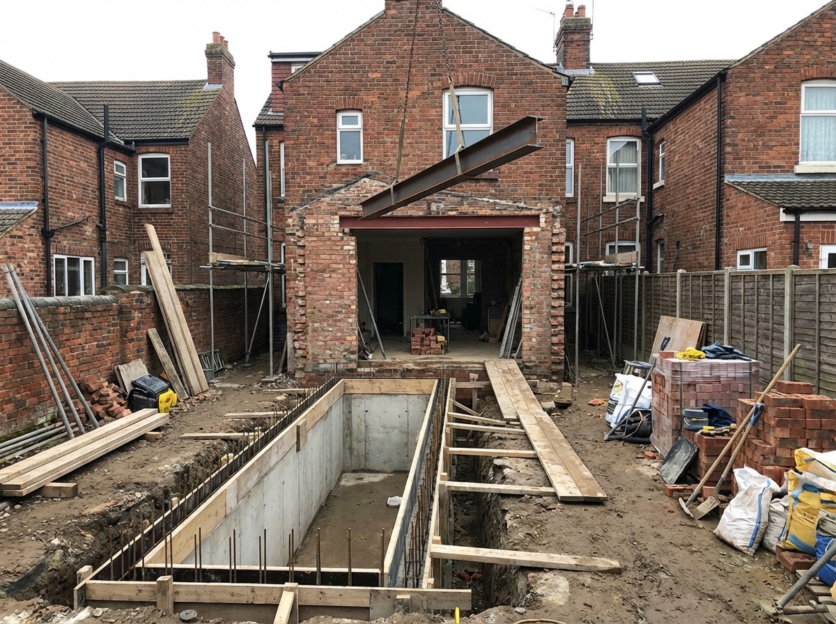 Single storey extension under construction showing steel beam installation
