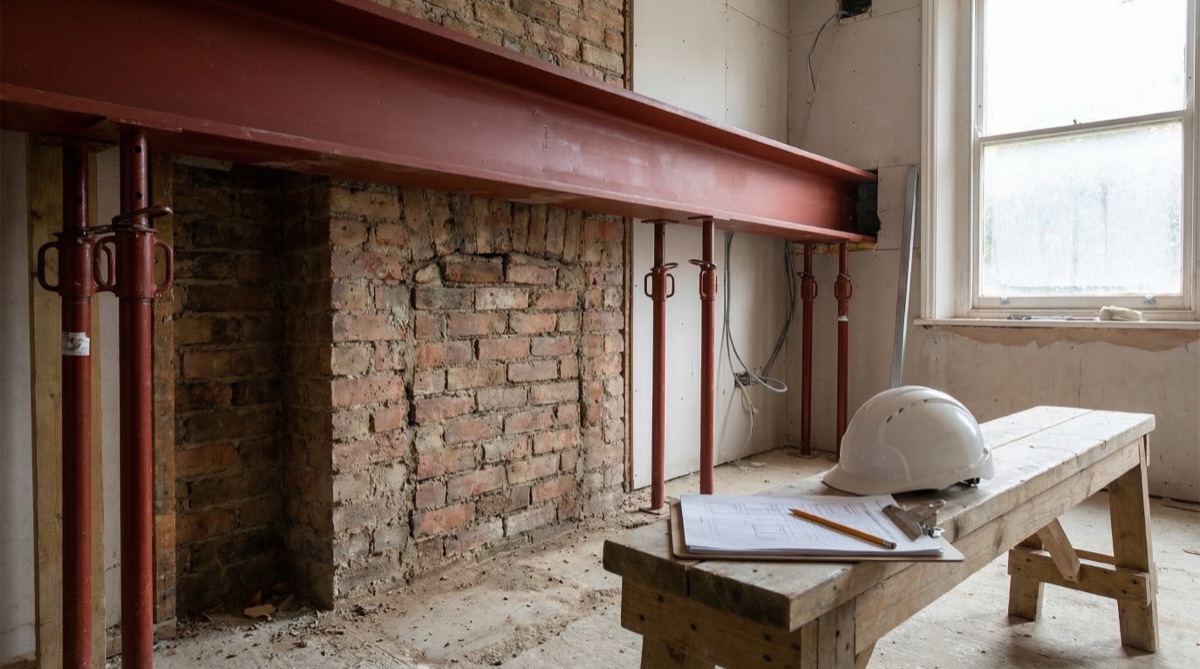 Structural steel RSJ beam installation in a residential property