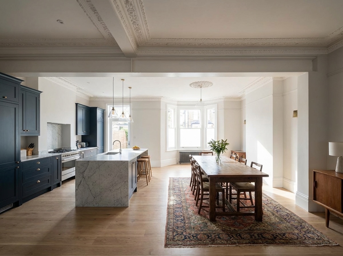 Open-plan living space after load-bearing wall removal with steel beam