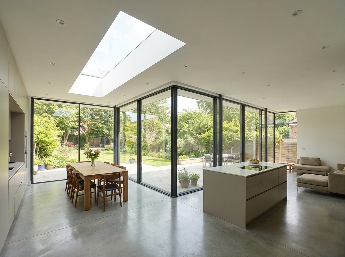 Interior corner junction of a wrap-around extension with rooflight above