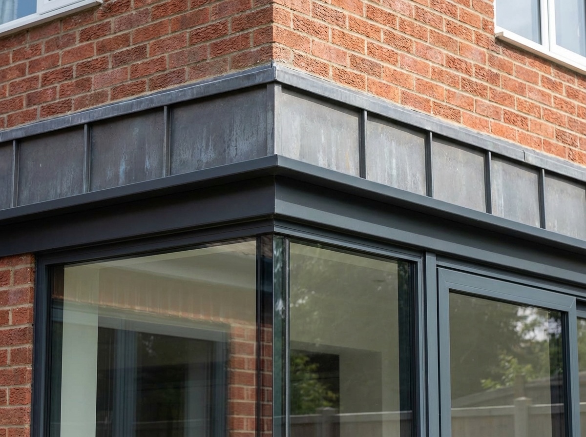 Exterior detail of wrap-around extension showing corner junction