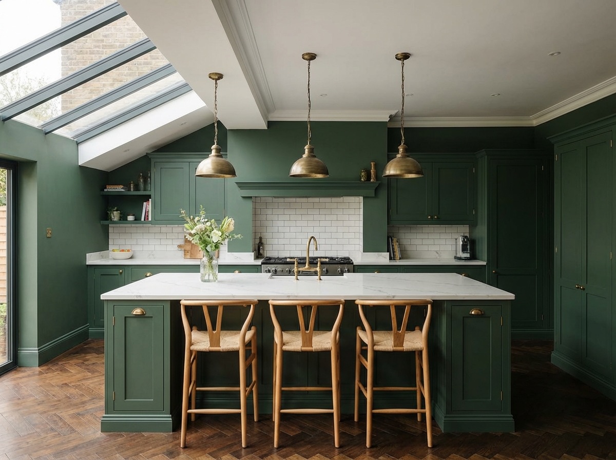 Heritage green shaker kitchen with island and breakfast bar