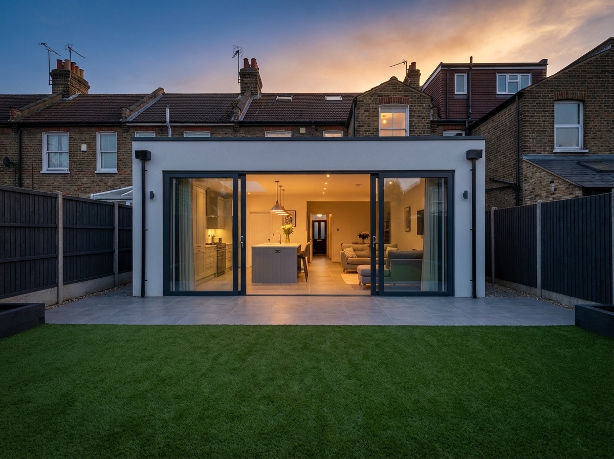 Wrap-around extension exterior with sliding doors fully open