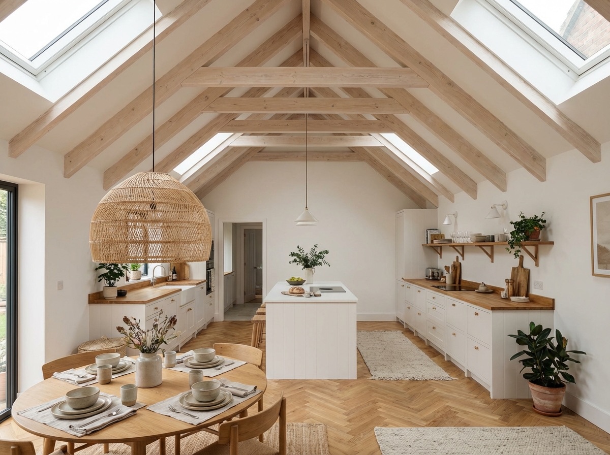 Vaulted ceiling with exposed timber rafters over dining area