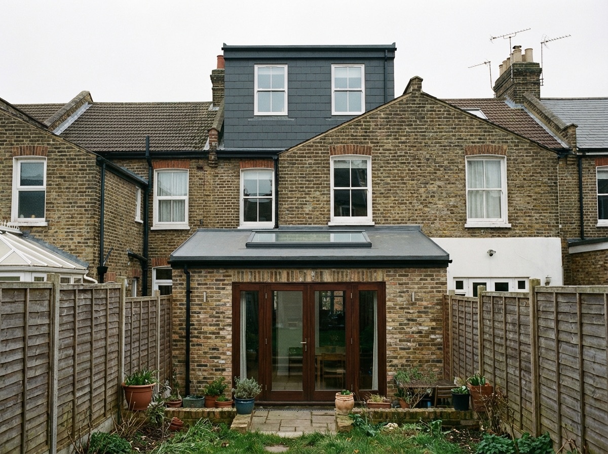 Victorian terrace rear showing dormer above and extension below
