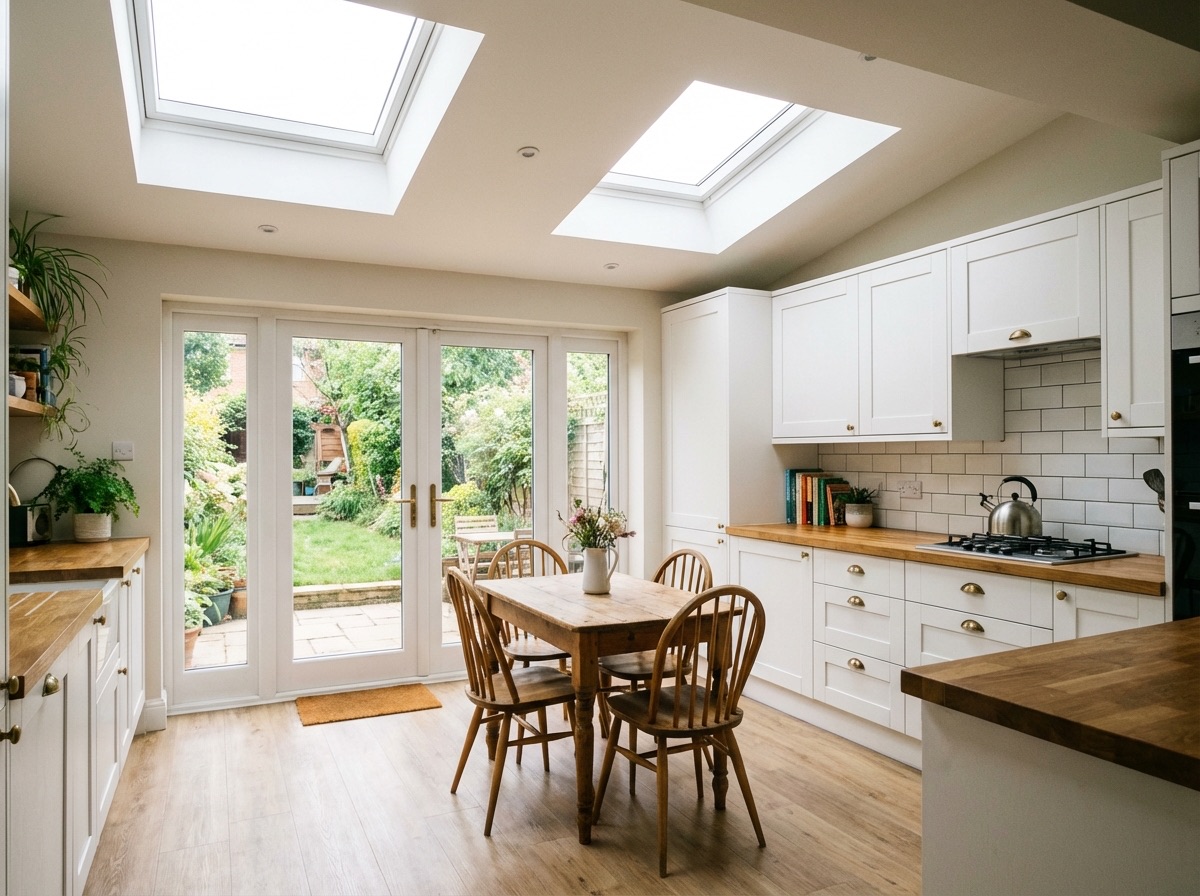 New open-plan kitchen-diner with skylights